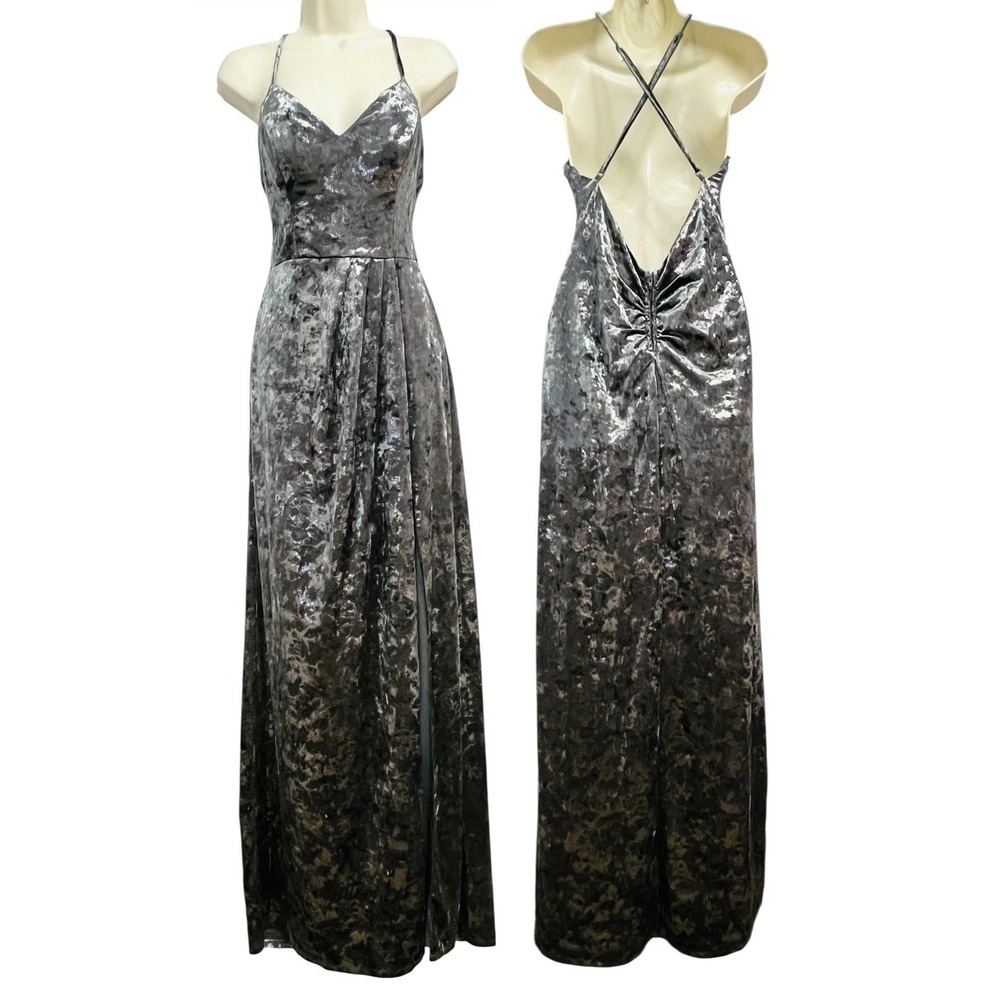City Triangles Dress Womens 9 Medium Gray Crushed Velvet Maxi Sheath Gown Formal